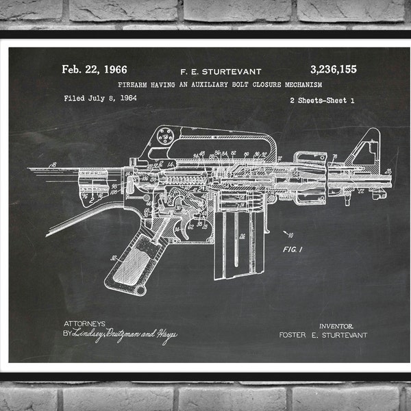 1966 M-16 Rifle Patent Print, AR15 Blueprint Vers #2 - AR-15 Sniper Rifle Poster- AR15 Military Assault Rifle Print, Soldier Gift
