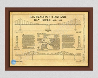 San Francisco Oakland Bay Bridge Drawing, San Francisco Bay Bridge blueprint, Oakland Bay Bridge poster, San Francisco Bay Bridge Wall Art