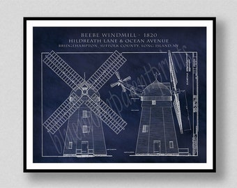 1820 Beebe Windmill Drawing, Beebe Windmill Poster, 1820 Long Island Windmill Illustration, Beebe Windmill Suffolk County Art Print