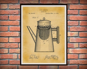 Patent 1889 Coffee Pot Art Print - Kitchen Wall Art- Cooking - Poster Print - Coffee Shop Wall Art - Starbucks Wall Art