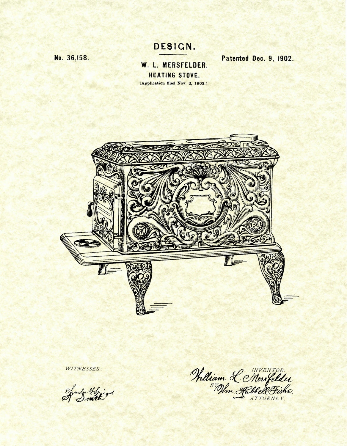Patent 1902 Heating Stove Art Print Design Cast Iron Stove