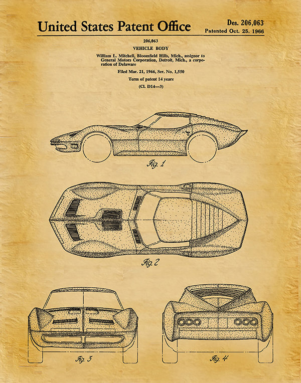 Patent 1966 Corvette - Sports Car - Poster - Wall Art - Chevrolet -  Automobile Patent - Muscle Car - Home Office Garage Man Cave