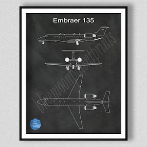Rysunek Embraera 135 E-Jet, plakat Embraera E-Jet, dekoracje lotnicze, grafika ścienna Embraera 135 E-Jet. Plan Embraera 135