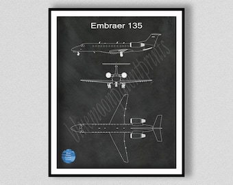 Embraer 135 E-Jet Drawing, Embraer E-Jet Poster, Aviation Décor, Embraer 135 E-Jet Wall Art. Embraer 135 Blueprint