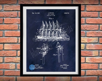 1925 Ship Rigging Sails Patent Print, Nautical Décor, Sailboat Wall Art, Tall Ship Poster, Schooner Poster, Clipper Ship Print