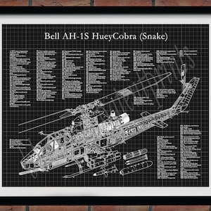 Bell AH-1 Cobra, AH-1S Huey-Cobra Blueprint, AH-1S Huey Snake Helicopter Cutaway Drawing, Super Cobra Helicopter Decor, Chopper Pilot Gifts