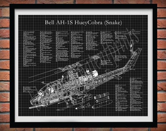 Bell AH-1 Cobra, AH-1S Huey-Cobra Blueprint, AH-1S Huey Snake Helicopter Cutaway Drawing, Super Cobra Helicopter Decor, Chopper Pilot Gifts