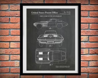 1962 Corvette Stingray Patent Print - Sports Car Poster - 60's Muscle Car Enthusiast - Mechanic Gift - Man Cave Decor - Chevy Corvette