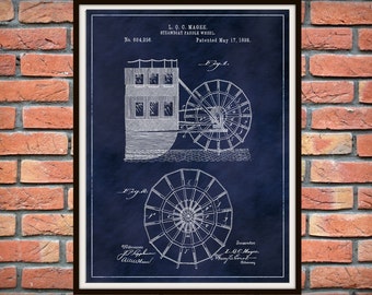 Patent 1898 Steamboat Paddle Wheel Art Print Poster - Boat - Ship - Nautical Wall Art - Mississippi River Boat - Paddle Wheel -