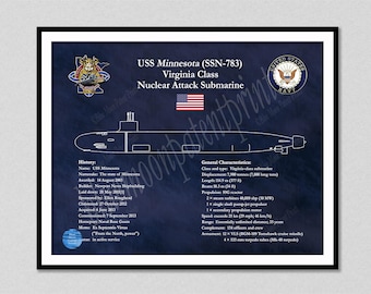 USS Minnesota SSN-783 Submarine Art Print, Virginia Class Submarine Blueprint, Virginia Class Nuclear Submarine Drawing, Submarine Wall Art