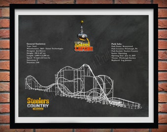 Steel Curtain Roller Coaster Drawing, Kennywood Roller Coaster Art Print, Steel Curtain Roller Coaster Blueprint, Roller Coaster Geek Gift