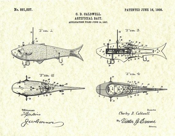 1908 Artificial Fish Bait Patent Print Vers 1 Fishing Lures Poster  Mechanical Fish Lure Blueprint Fishing Camp Decor Fishing Tackle 