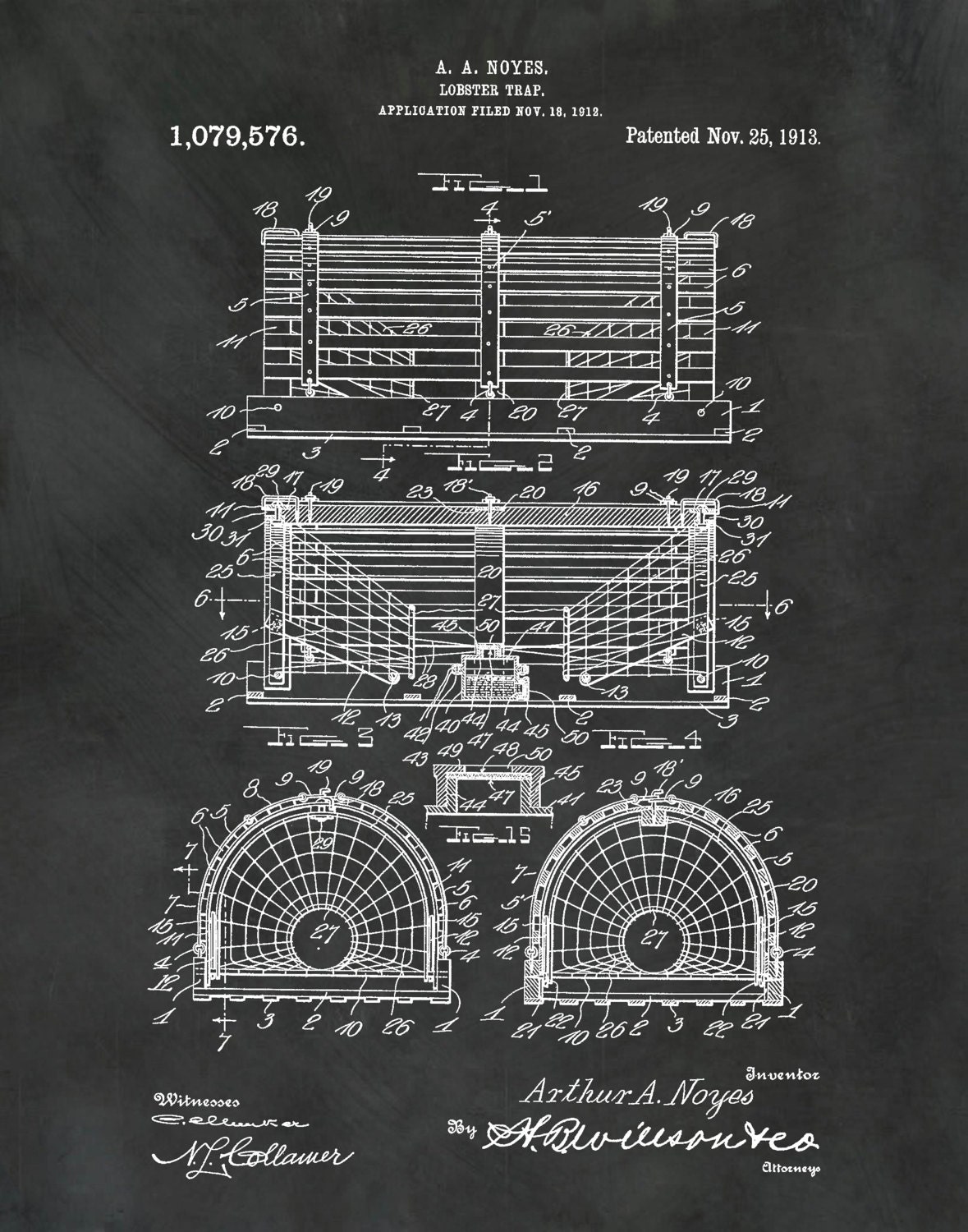 Patent 1913 Lobster Trap - Art Print - Poster - Fisherman Art