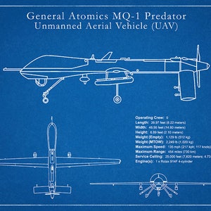 MQ-1 Predator UAV Drone Spy Plane Drawing Reconnaissance Aircraft Art Print Poster CIA Spy Plane Illustration Hellfire Missiles image 2