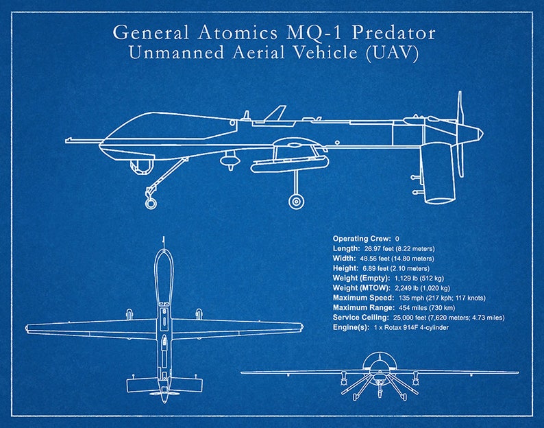 MQ-1 Predator UAV Drone Spy Plane Drawing Reconnaissance Aircraft Art Print Poster CIA Spy Plane Illustration Hellfire Missiles image 2