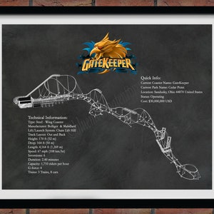 GateKeeper Roller Coaster Sandusky Ohio -  Steel Wing Coaster Drawing Illustration - Thrill Seeker Coaster Ride - Amusement Park Decor -