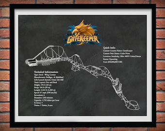 GateKeeper Roller Coaster Sandusky Ohio -  Steel Wing Coaster Drawing Illustration - Thrill Seeker Coaster Ride - Amusement Park Decor -