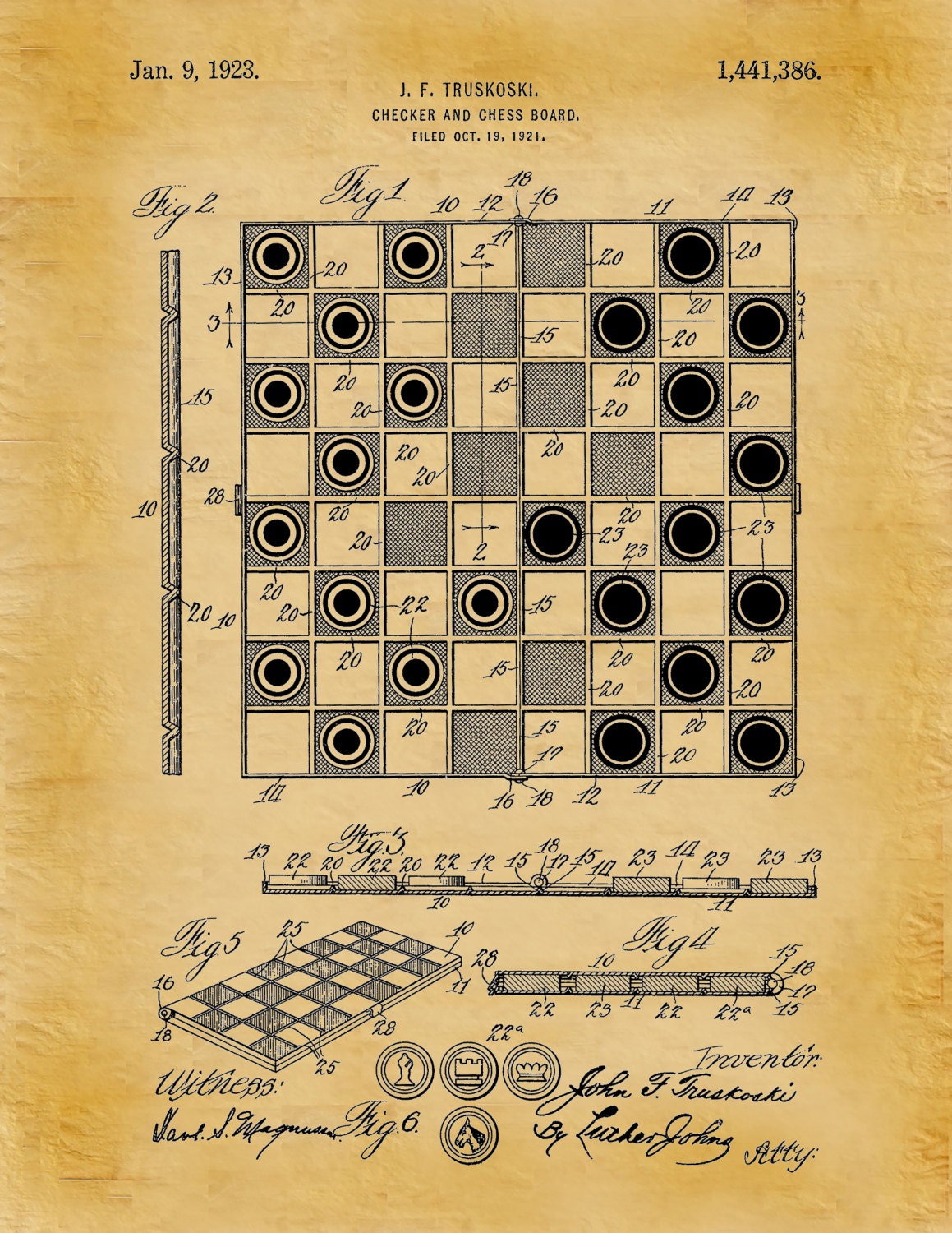 1923 Checker Board Patent Print Chess Board Poster Board Game