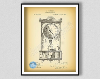 1888 Clock Patent Print, Antique Clock Poster, Vintage Grandmothers Clock, Antique Clock Blueprint, Antique Mantle Clock Wall Art