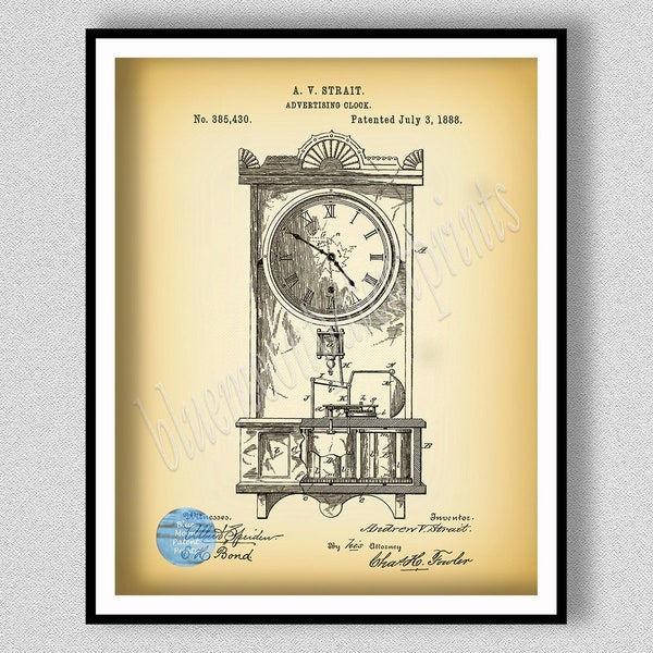 1888 Clock Patent Print, Antique Clock Poster, Vintage Grandmothers Clock, Antique Clock Blueprint, Antique Mantle Clock Wall Art