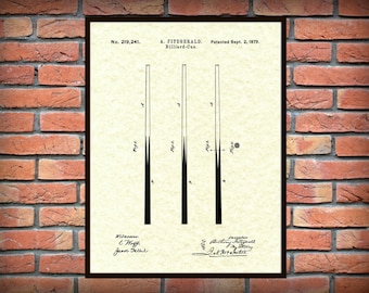 1879 Billiard Cue Patent Print - Pool Cue Poster Print - Pool Cue Drawing - Pool Hall Decor - Billiard Hall Decor - Pool Stick Blueprint