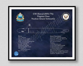 USS Hawaii SSN-776 Drawing, Virginia Class Submarine Blueprint, USS Hawaii Submarine Poster, Uss Hawaii Ssn-776 Wall Art