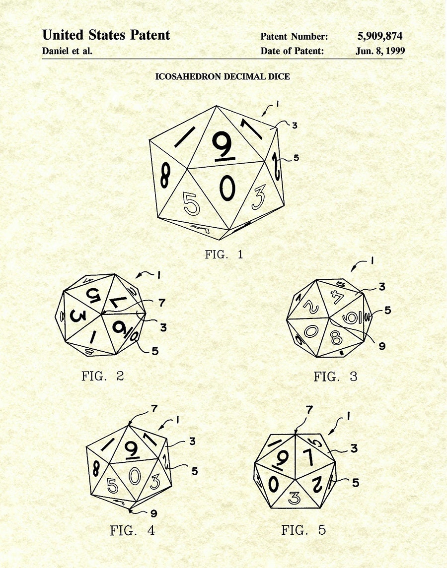 1999 Dice Patent Print Icosahedron Decimal Dice Blueprint, Game Room