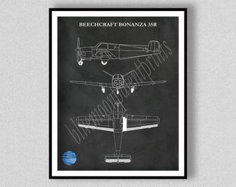 Beechcraft Bonanza 35R Drawing, Bonanza 35 V-tail Airplane Poster, Beechcraft 35R Art Print, Beechcraft Airplane Poster, Aviation Wall Art