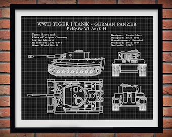 1942 German Panzer Tiger I Tank - German Nazi Army Tank - WWII Military Tank Blueprint - Soldier Wall Art - WWII Collector Print