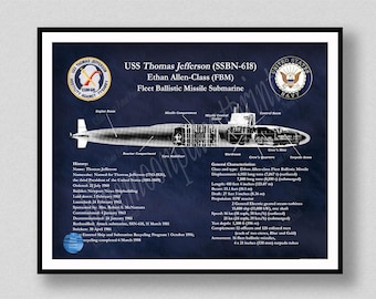 USS Thomas Jefferson SSBN-618 Submarine Art Print, Ethan Allen Class FBM Poster, Uss Thomas Jefferson submarine Wall Art