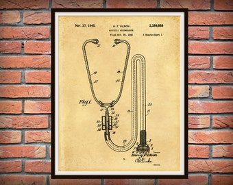 1945 Acoustic Stethoscope Patent Print  - Doctors Office - Hospital Decor - Physician Office Decor - Medical Poster - Nurse Gift