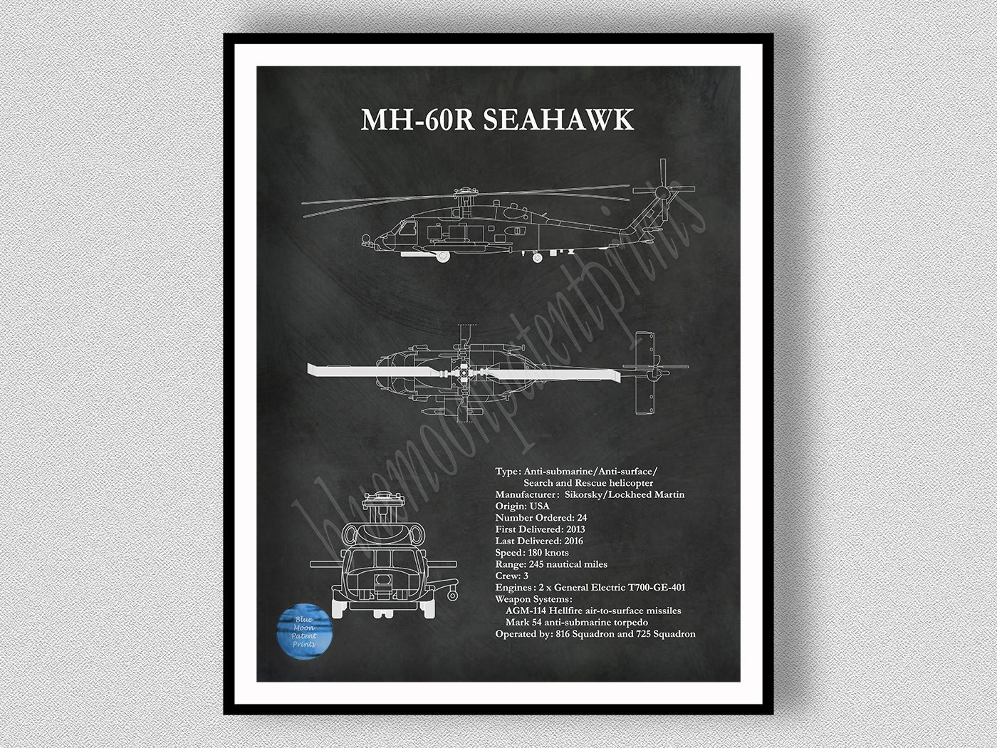 MH-60R Seahawk Helicopter Art Print, Sikorsky MH-60R Sea Hawk Blueprint