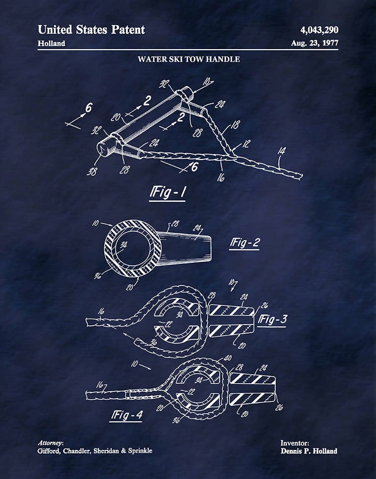 1977 Water Ski Handle Patent Print Water Ski Blueprint Nautical