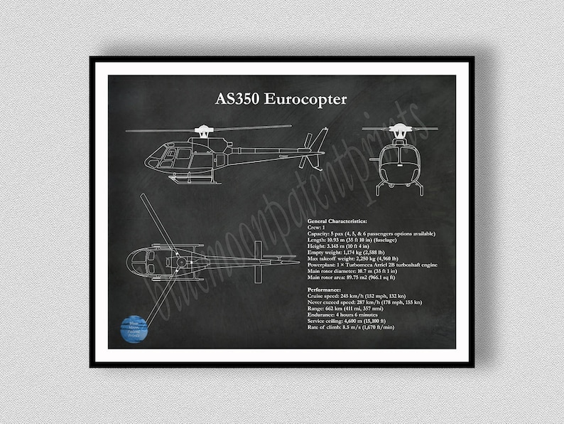 AS350 Eurocopter Art Print, AS350 Helicopter Blueprint, Helicopter ...