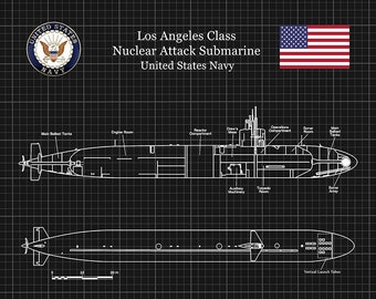 Los Angeles Class Submarine Blueprint, USS Los Angeles Class Submarine Poster, Los Angeles Class Nuclear Submarine Drawing, SSN-688 Class