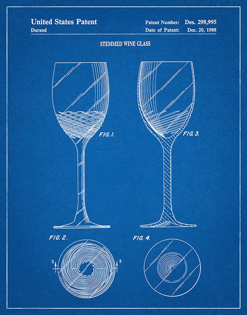 1988 Wine Glass Patent Print, Vintage Wine Glass Poster, Wine Collector Decor, Winery Decor Wine Connoisseur Gift Idea Blueprint