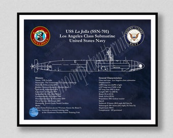 USS La Jolla SSN-701 Submarine Art Print, Los Angeles Class Submarine Drawing, Uss La Jolla Ssn-701 Poster, Submarine Décor Military Sub Art