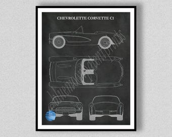 Chevrolet Corvette (C1) Art Print, Chevy Corvette C1 Poster, 1957 Chevrolet Corvette C1 Stingray Diagram, Corvette Wall Art
