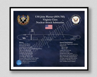 USS John Warner SSN 785 Submarine Vers 2, Virginia Class Submarine Blueprint, Virginia Class Nuclear Submarine Drawing, Submarine Wall Art