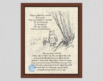 Today was a difficult day, said Pooh. Full Quote Version, Winnie The Pooh and Piglet Art Print, Emotional Pooh Quote,