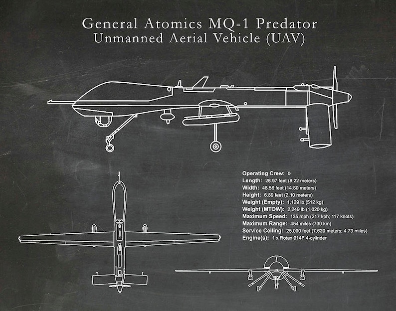 MQ-1 Predator UAV Drone Spy Plane Drawing Reconnaissance Aircraft Art Print Poster CIA Spy Plane Illustration Hellfire Missiles image 4