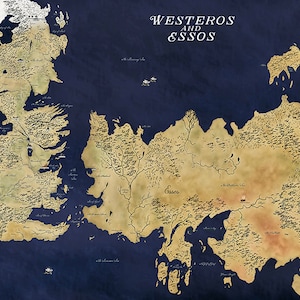 Carte de Game of Thrones, carte de Westeros, carte de Winterfell, carte GOT, carte de Westeros et Essos, art mural Game of Thrones, décoration Game of Thrones Navy Westeros Essos