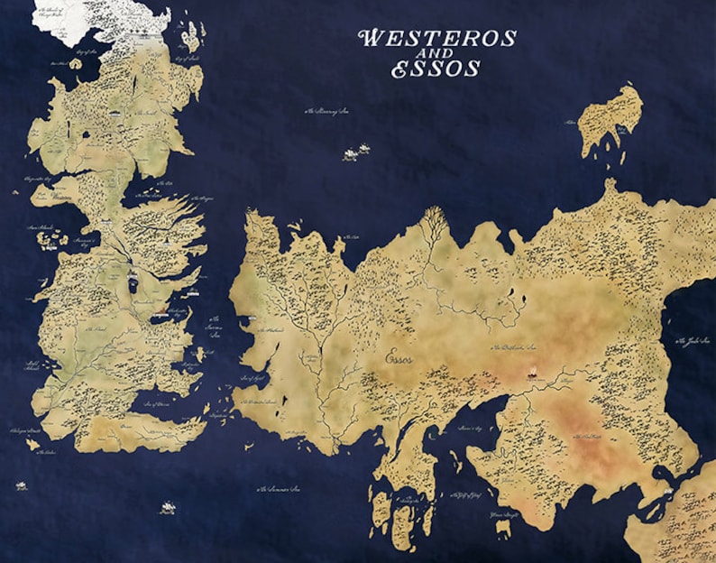 Carte de Game of Thrones, carte de Westeros, carte de Winterfell, carte GOT, carte de Westeros et Essos, art mural Game of Thrones, décoration Game of Thrones Navy Westeros Essos