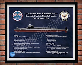 USS Francis Scott Key SSBN-657 Submarine Drawing, Benjamin Franklin Class Submarine Poster, USS Francis Scott Key Submarine Poster