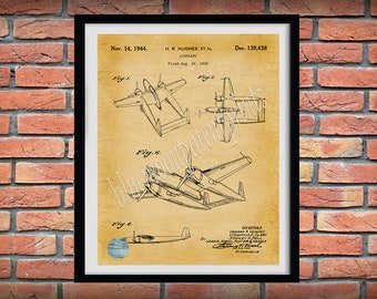 1944 Howard Hughes Airplane Patent Art Print, Hughes H4 Hercules Poster, Hughes Spruce Goose Airplane Drawing,