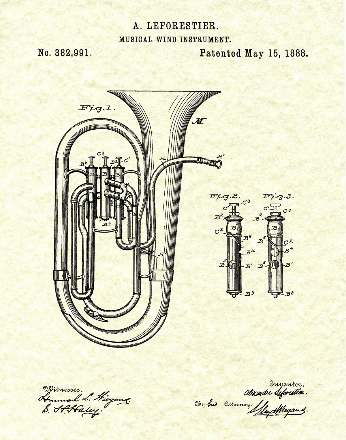 1888 Tuba Patent Print - Sousaphone - Musical Instrument - Brass