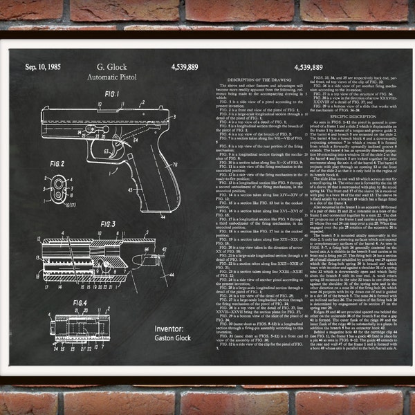 1985 Glock Pistol Patent Print Version #2 - Art Print - Poster - Military Weapon - Automatic Hand Gun - Firearm - Semi-automatic Pistol