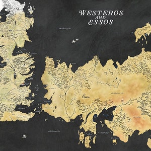 Carte de Game of Thrones, carte de Westeros, carte de Winterfell, carte GOT, carte de Westeros et Essos, art mural Game of Thrones, décoration Game of Thrones Black Westeros Essos