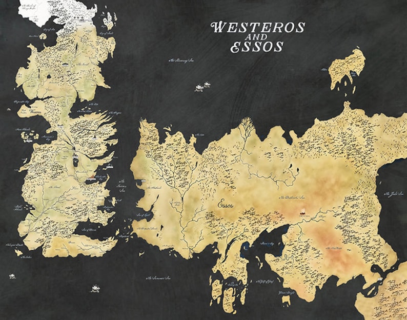Carte de Game of Thrones, carte de Westeros, carte de Winterfell, carte GOT, carte de Westeros et Essos, art mural Game of Thrones, décoration Game of Thrones Black Westeros Essos