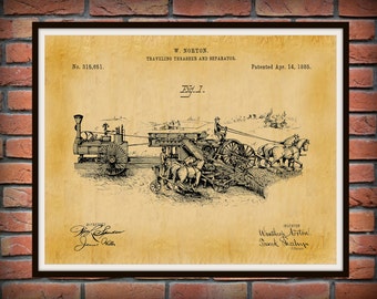 1885 Traveling Thrasher Patent Print,  Antique Tractor Wall art, Horse Drawn Tractor Art Print  Farmhouse Décor - Farm Equipment